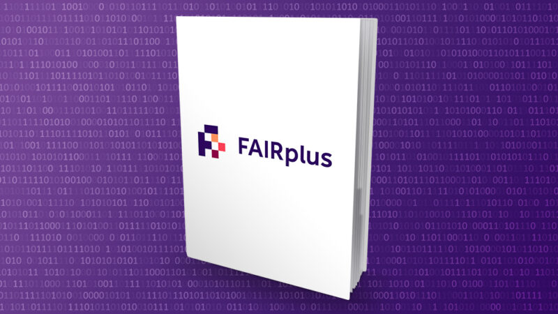 A white book with the FAIRplus logo on the front cover is shown against a purple background.