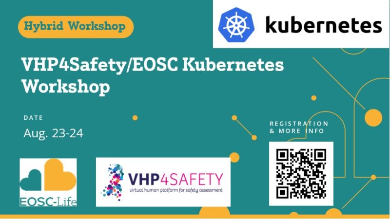 A green background with text describing a workshop and logos from EOSC-Life, Kubernetes, and VP4Safety, plus a QR code.