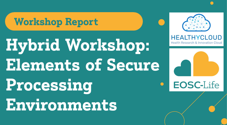 Text describes a recent hybrid workshop on secure processing environments. The logos of the HealthyCloud and EOSC-Life projects are shown.