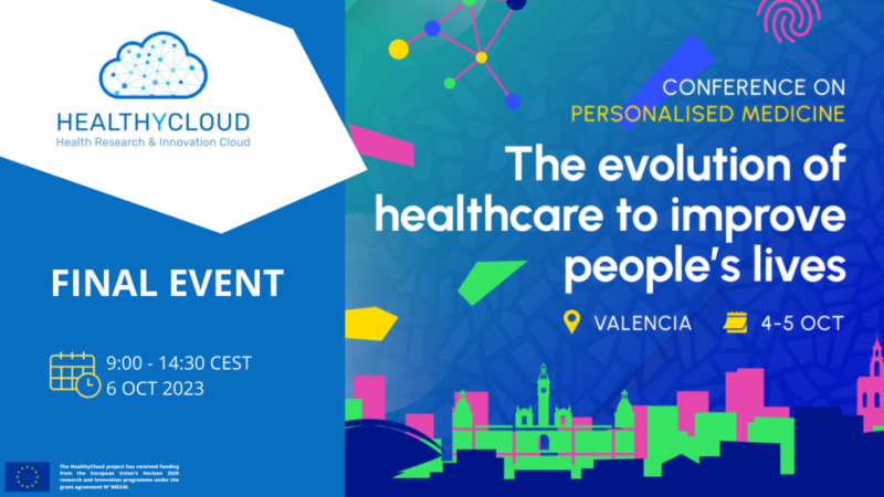 The HealthyCloud logo is shown in the upper left-hand corner and a multicolored skyline of the city is shown in the lower right-hand corner