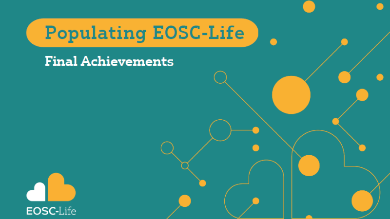 Green background with yellow lines, heart outlines, and dots, plus the EOSC-Life logo.