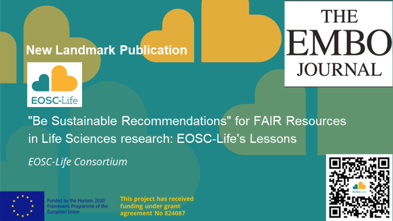 A slide describing a new publication in the EMBO Journal from the EOSC-Life consortium with a QR code link to the article.